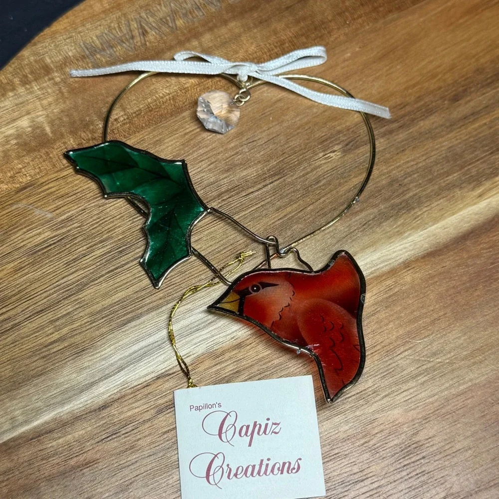 Papillon Capiz Creations Cardinal Suncatcher Ornament Hand Painted Shell Heart